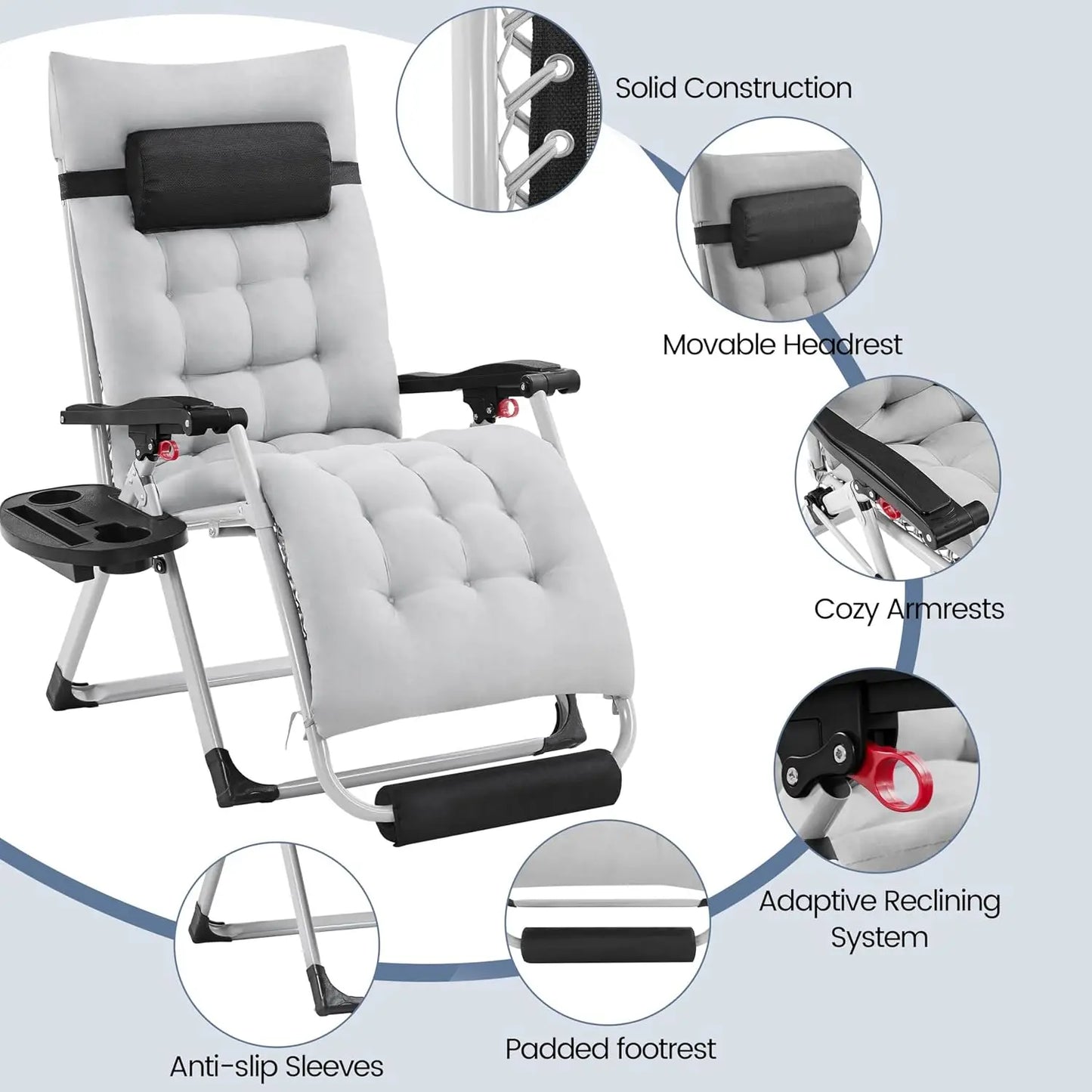 26"Zero Gravity Chair Folding Recliner with Removable Pad Headrest Cup Holder Tray Indoor Outdoor