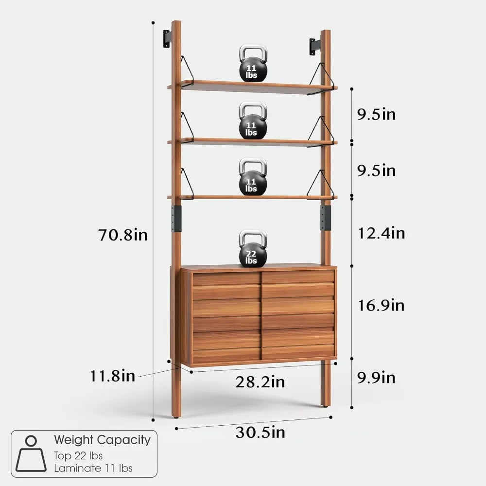 Mid Century Modern Ladder Bookshelf With Storage Cabinet