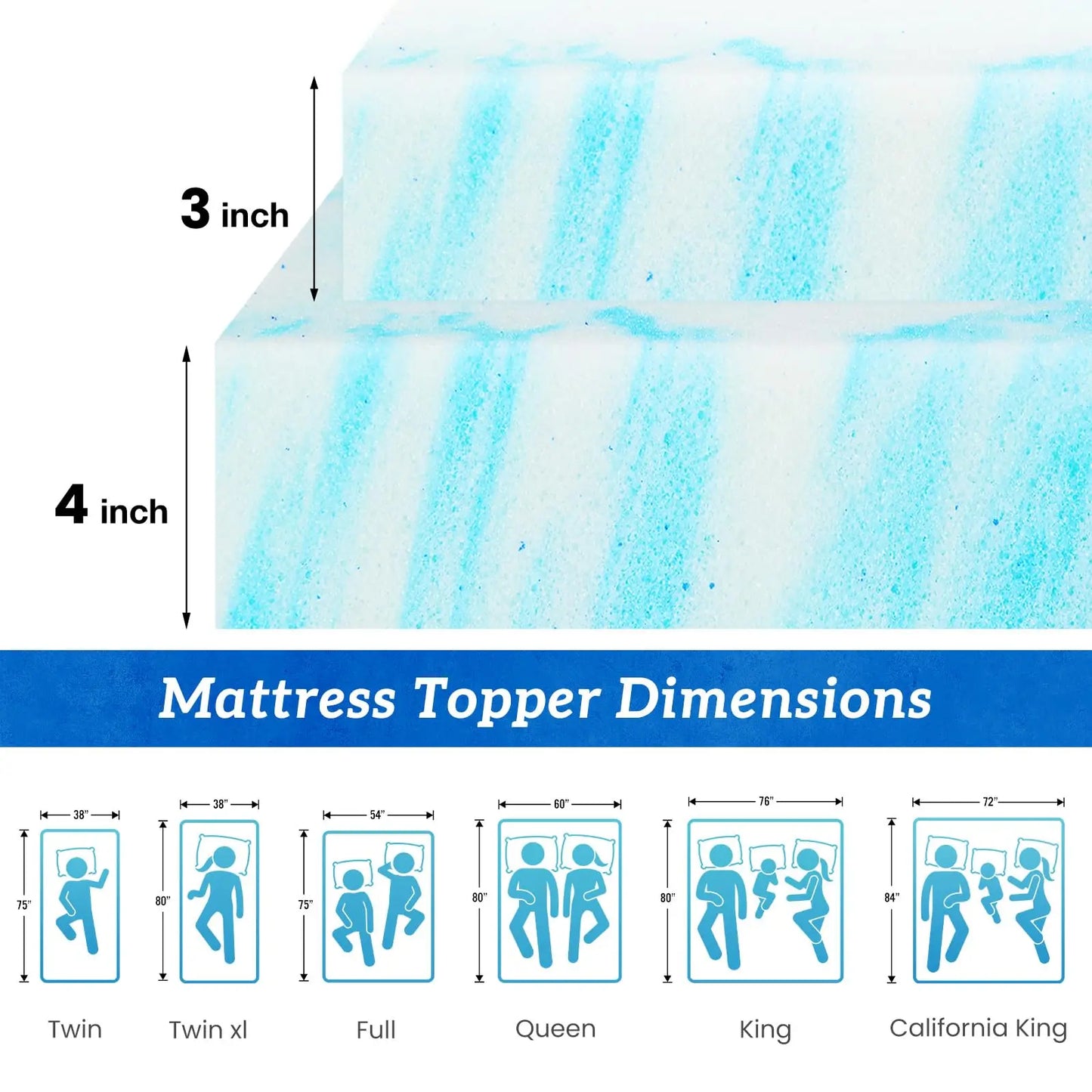JHK Gel Memory Foam Mattress Topper Cooling And Breathable Bedding