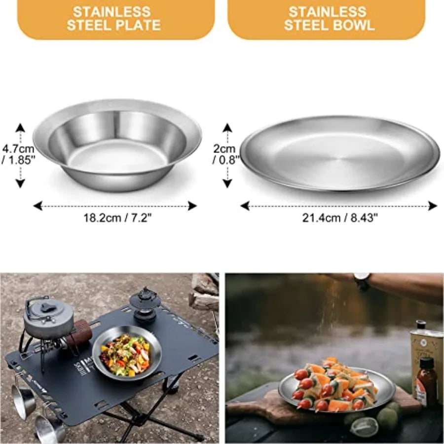 Stainless Steel Camping Mess Kit With Plates Bowls Forks Spoons Knives