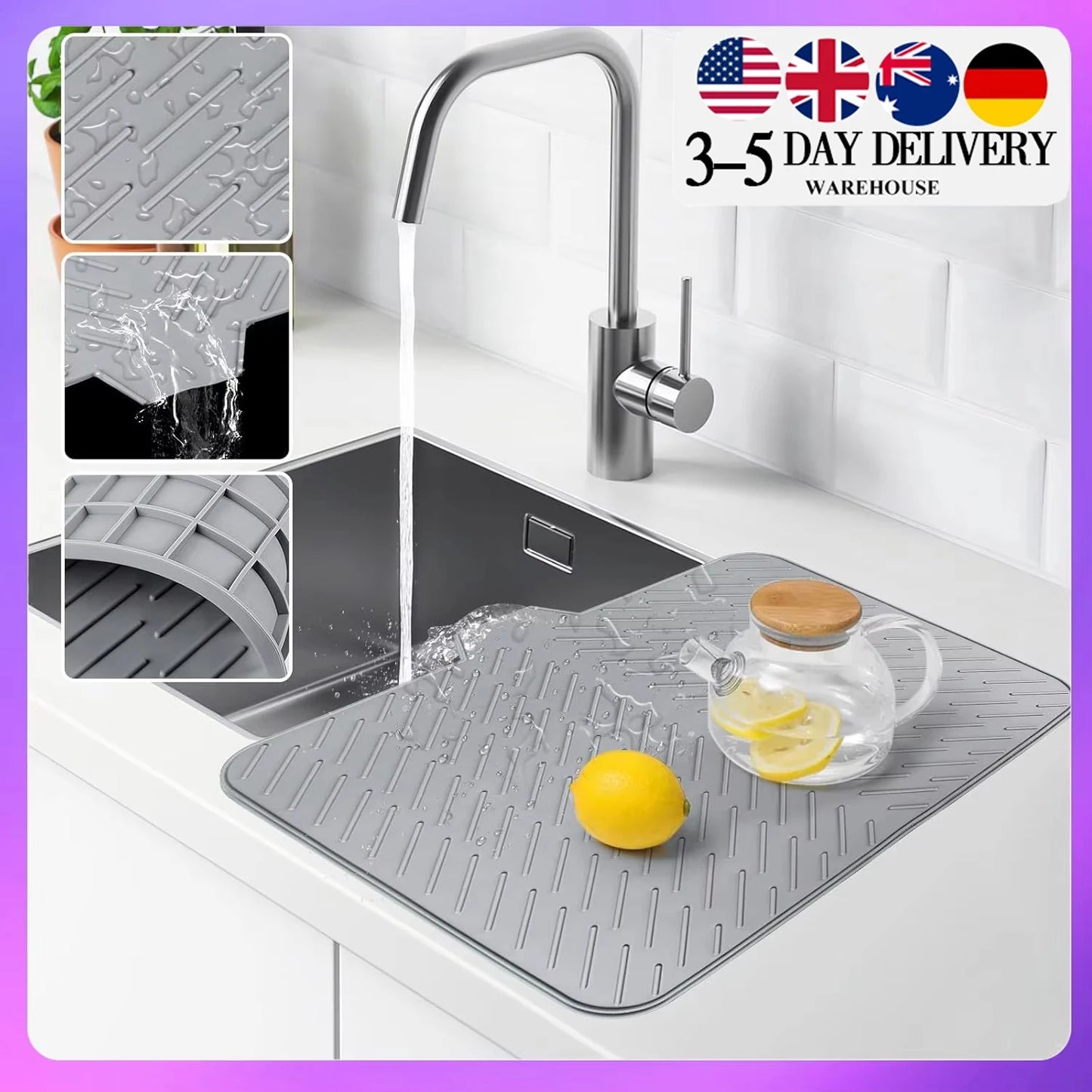 NONECN Silicone Draining Mat For Kitchen Non Slip Heat Resistant Sink Mat