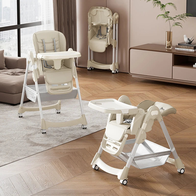 Foldable Baby High Chair With PU Leather And Harness