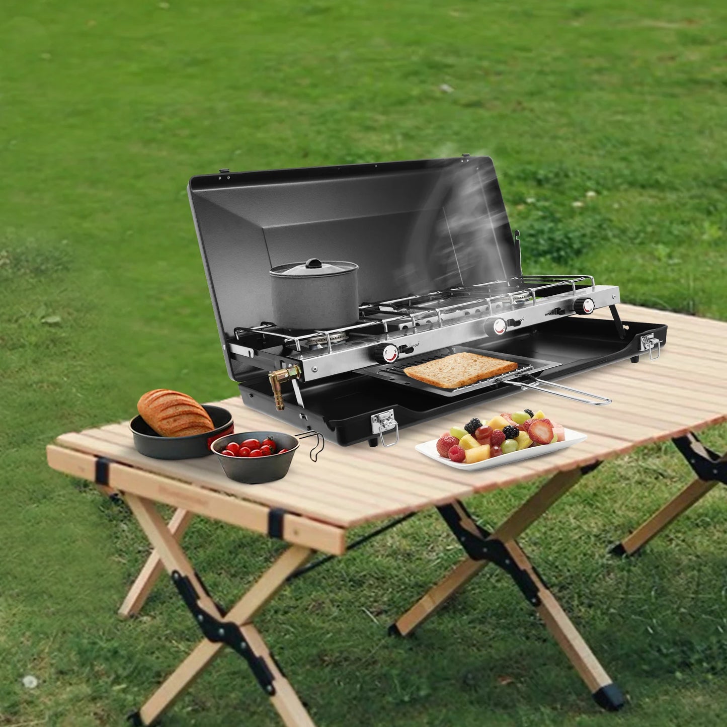 NONED 3-Burner Propane Portable Camping Stove With Griddle