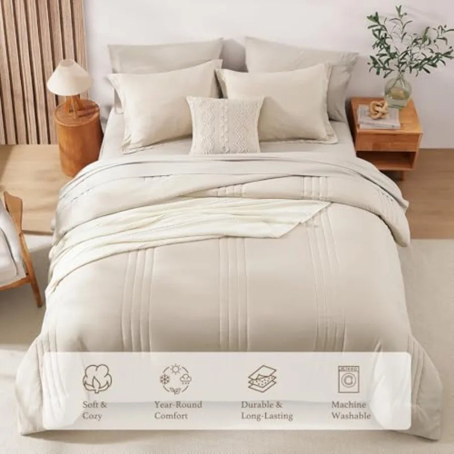 Comforter Set - 7 Pieces Beige Bed in a Bag Bedding Sets with Comforters, All Seasons Comforter Bed Set with Sheets, Pillowcase