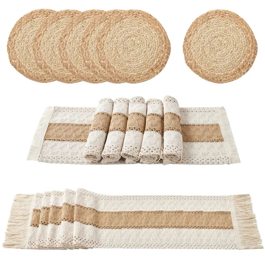 Boho Placemats Set With Macrame Burlap Table Runner