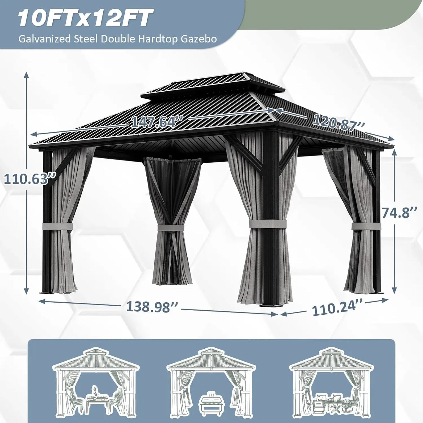 10'x12' Gazebo Hardtop Gazebo, Aluminum Pergola with Double Galvanized Steel Roof, Permanent Outdoor Metal Canopy with, Custom