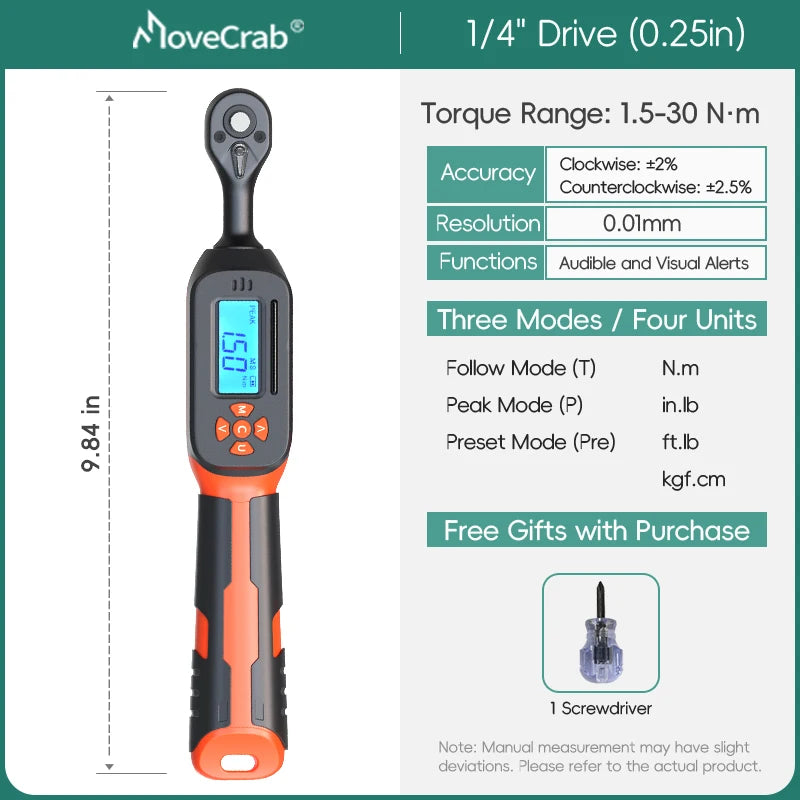 MoveCrab Digital Torque Wrench 1-340N.m 2 Percent Accuracy LED Alerts