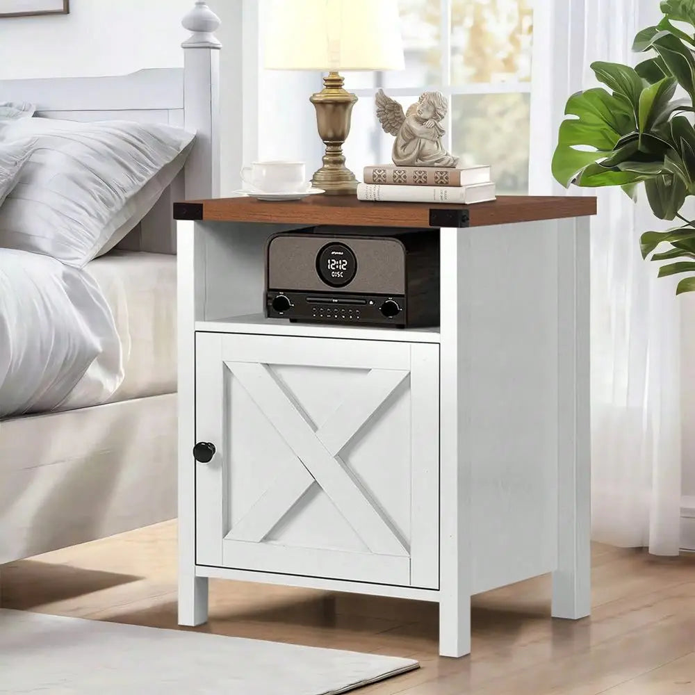 Farmhouse Wood Nightstand Set Two With Cabinet Shelf End Table