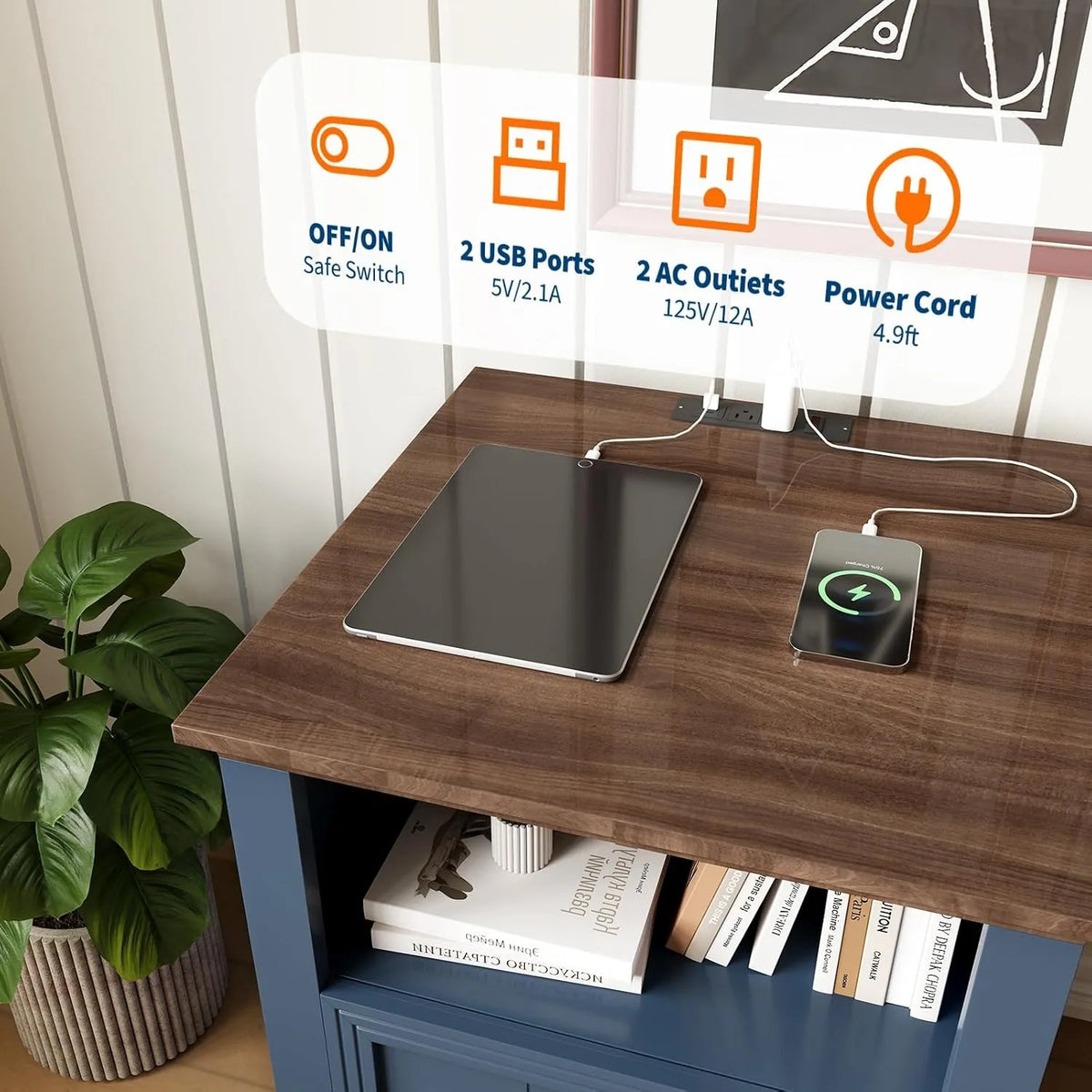 Modern Wood Nightstand With USB Charging And Storage Shelf