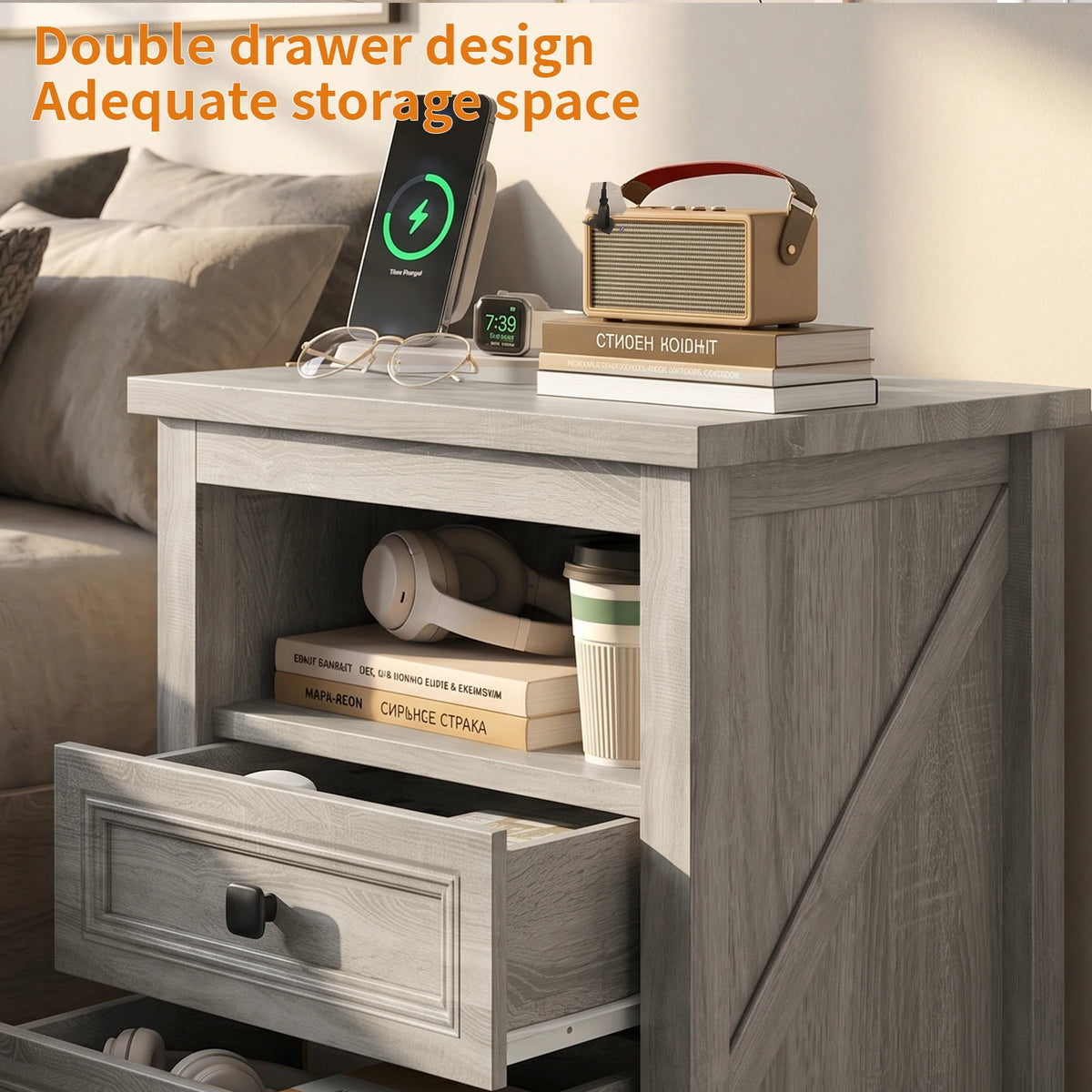 Nightstand with Charging Station and USB Port Wood Farmhouse Side End Table w 2 Drawers and Open Shelf for Bedroom Living Room