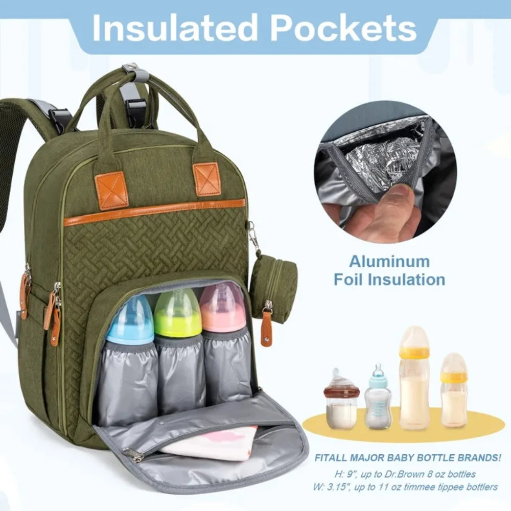 KABAQOO Diaper Bag Mommy Backpack With Changing Pad Pacifier Case, Baby Bag For Boy Girl Toddler - Large,Stylish, Waterproof Travel Quilted Diaper Bag For Mom - Baby Shower Gifts