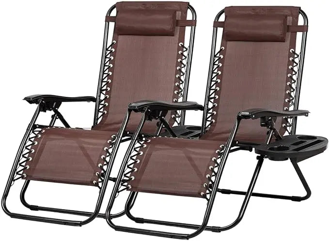 Set of 2 Adjustable Zero Gravity Patio Chairs with Pillow and Cup Holder