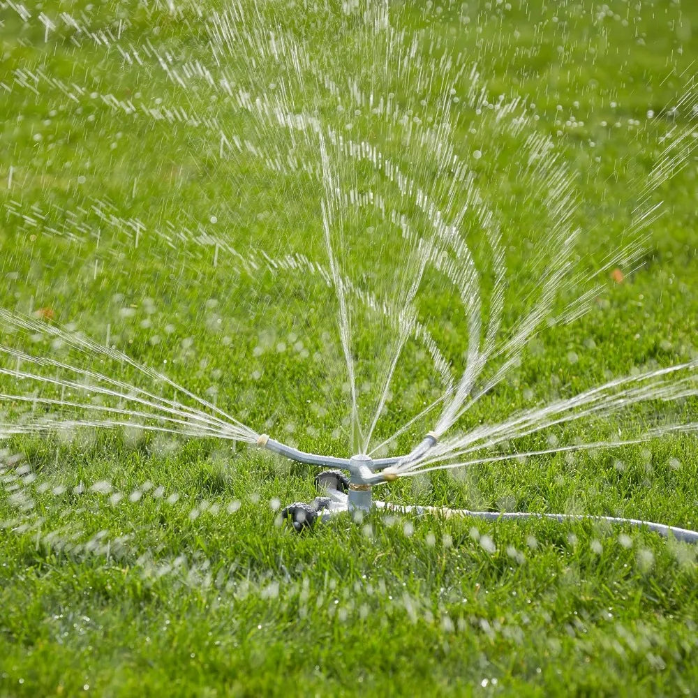 Heavy Duty 692 Sq Ft Spinning Sprinkler with Wheeled Base, 360° Coverage for Flower Beds & Gardens