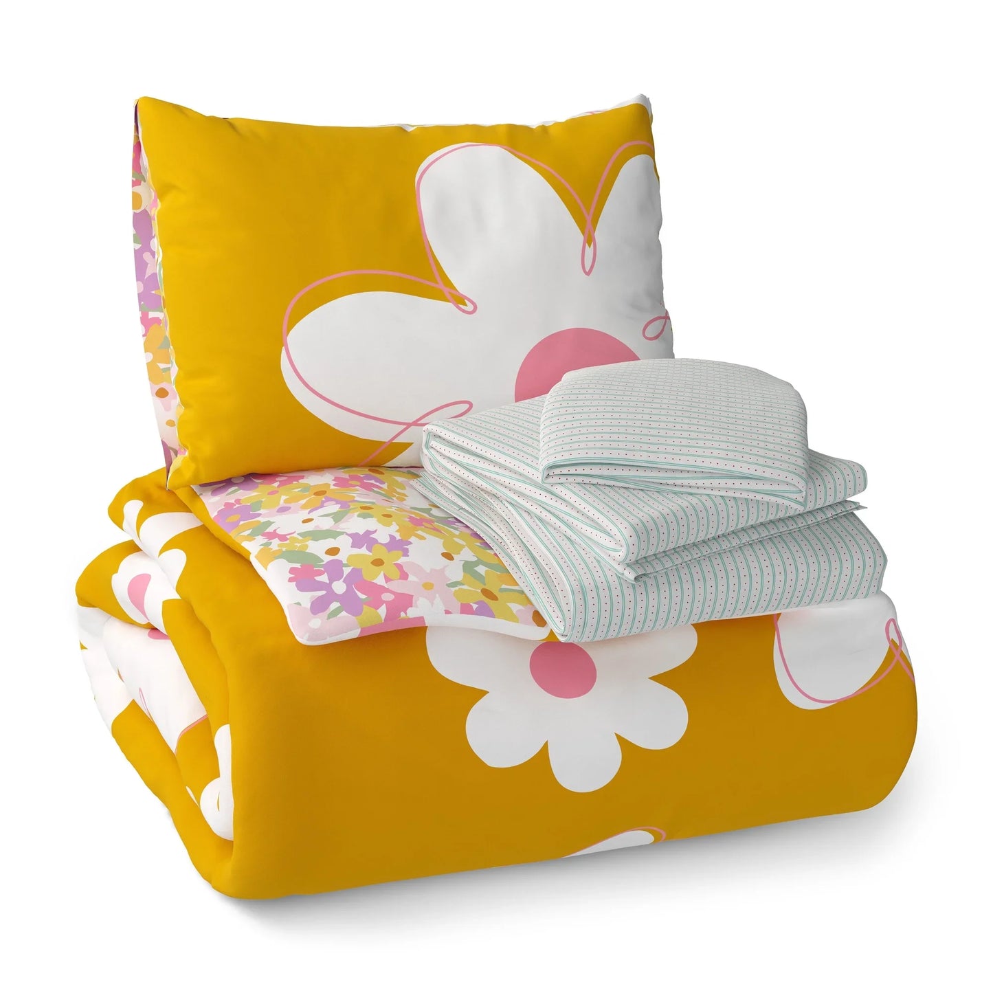 5 Piece Twin Size Daisy Pattern Reversible Comforter Complete Bedding Set Includes Matching Sheets Soft Comfortable Breathable All Season Cozy Bed Linens Stylish Bedroom Decor Easy Wash Durable Household Sleeping Essential Be