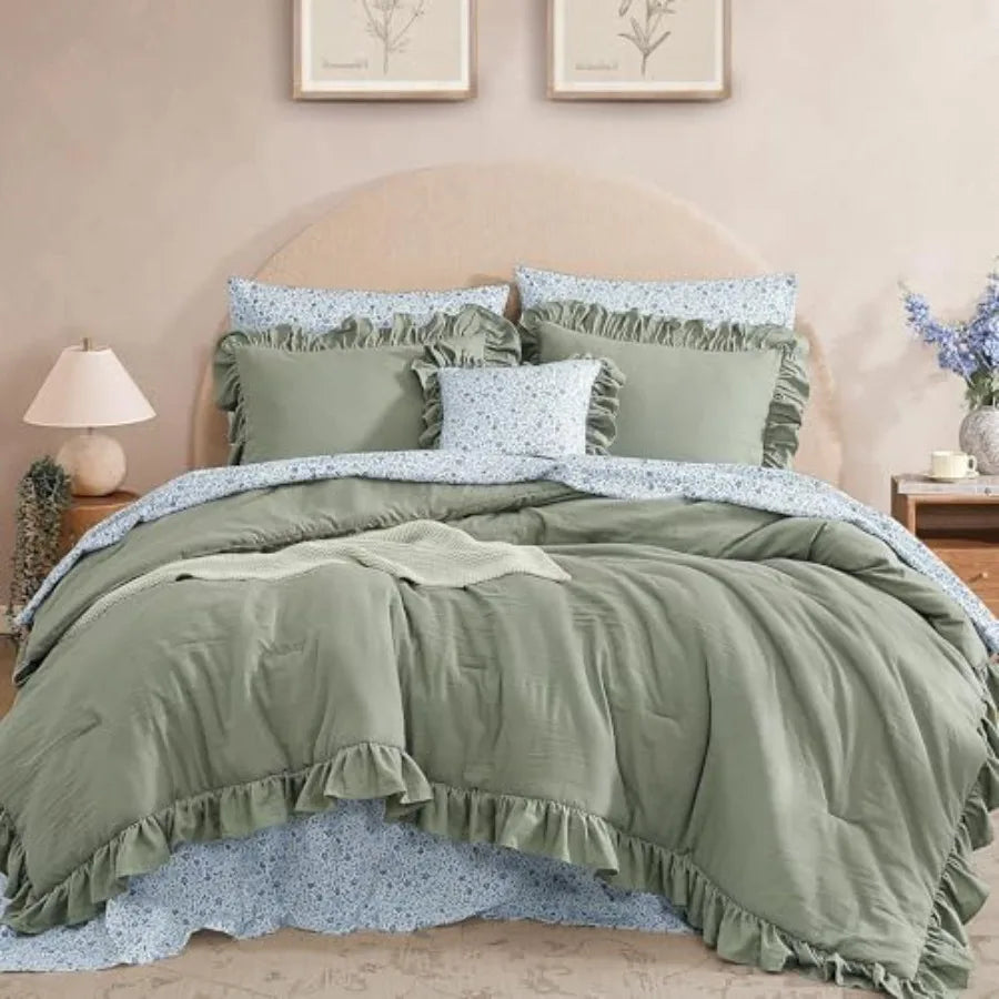 Comforter Set - 7 Pieces Ruffle Sage Green Bedding Sets, Shabby Chic Farmhouse Bed in a Bag with Ruffle Comforter, Floral Sheet