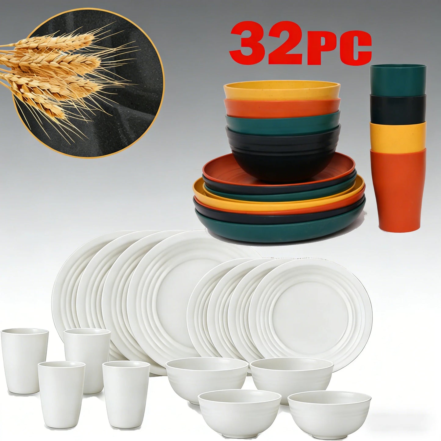 Wheat Straw Dinnerware Set Service For 8 BPA Free Unbreakable