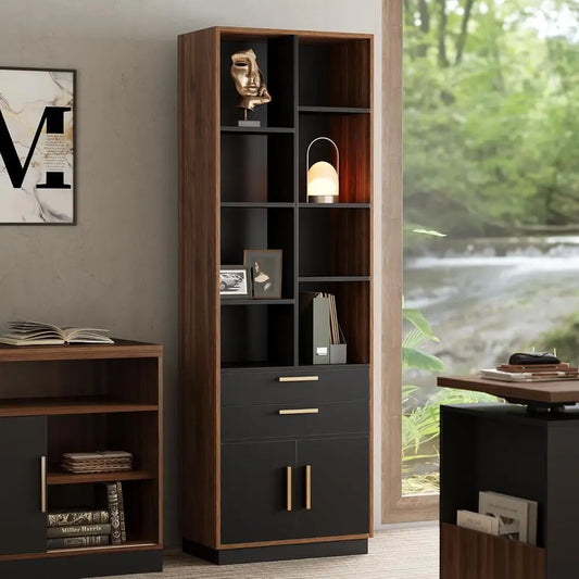 Wooden Bookshelf With 2 Drawers And 8 Cubes For Office
