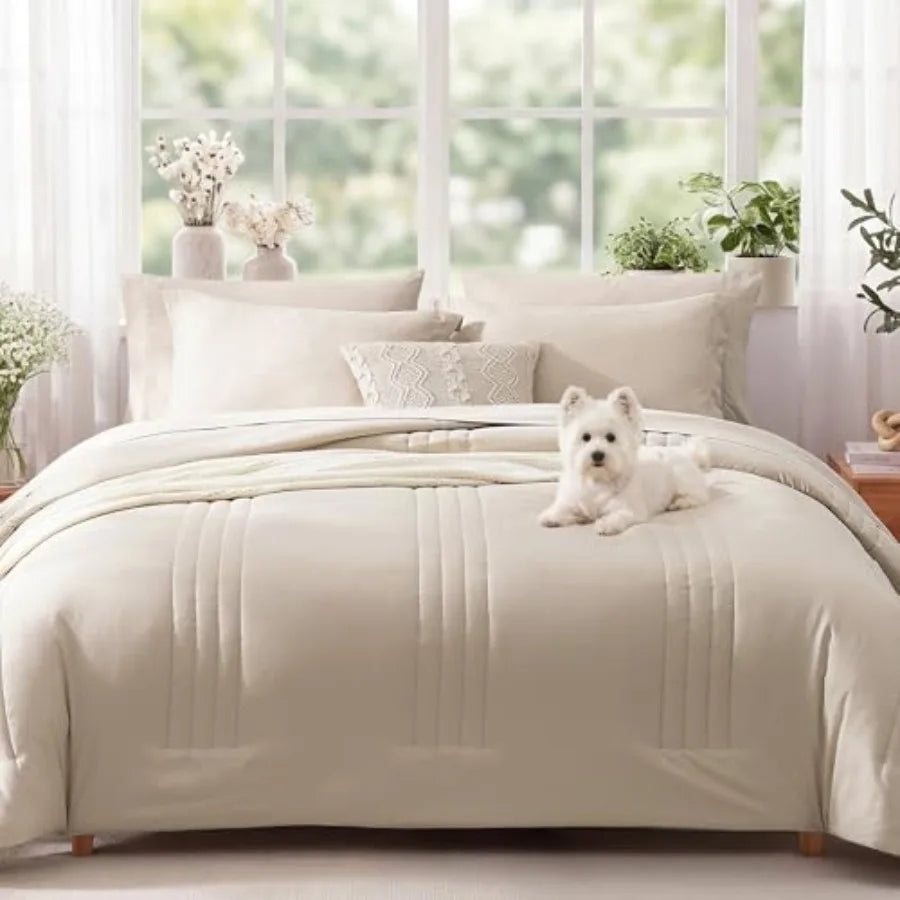 Comforter Set - 7 Pieces Beige Bed in a Bag Bedding Sets with Comforters, All Seasons Comforter Bed Set with Sheets, Pillowcase