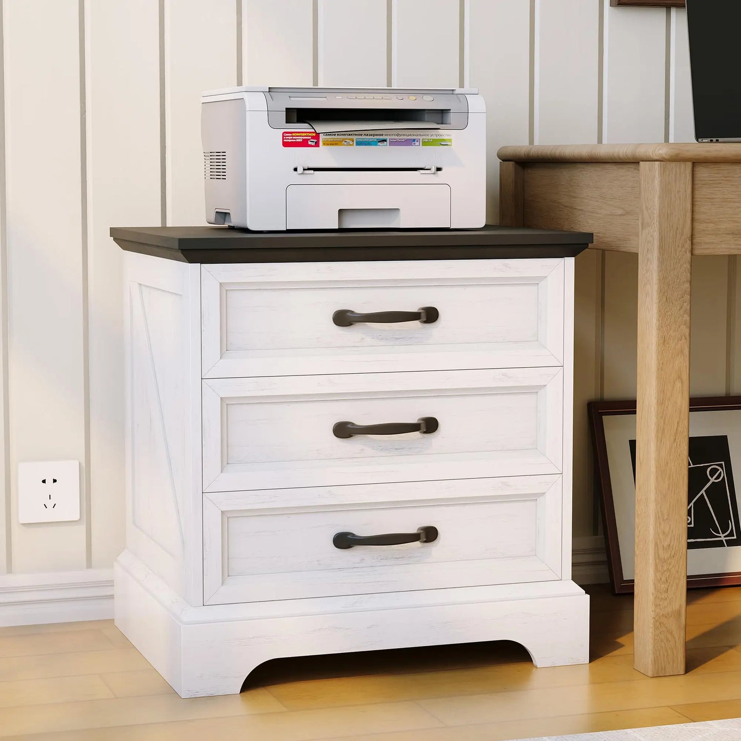 Modern Farmhouse Wood Nightstand With Charging Station And Storage Drawers