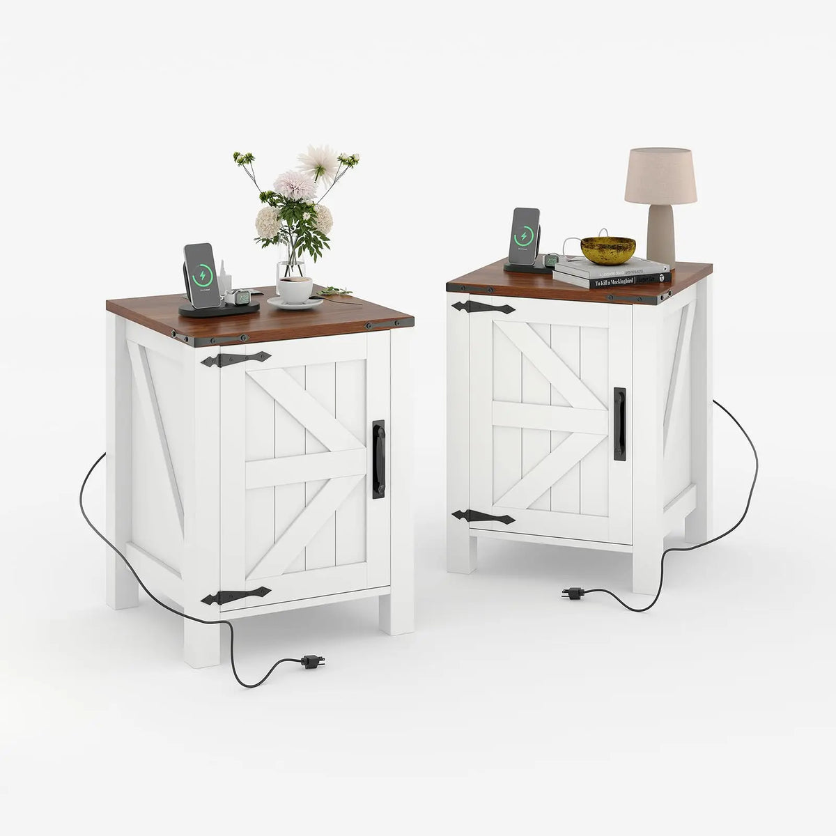 Rustic Farmhouse Nightstand With Charging Station Barn Door And Adjustable Storage Shelf Wooden Small Bedside Table 18 Inch Modern Two Tier Nightstand And End Table For Bedroom