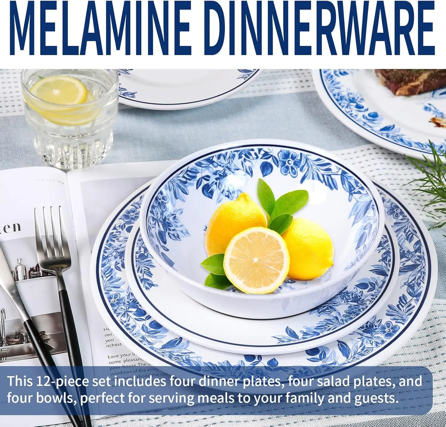 Floral Melamine Dinnerware Set for Four Dishwasher Safe Break-Resistant