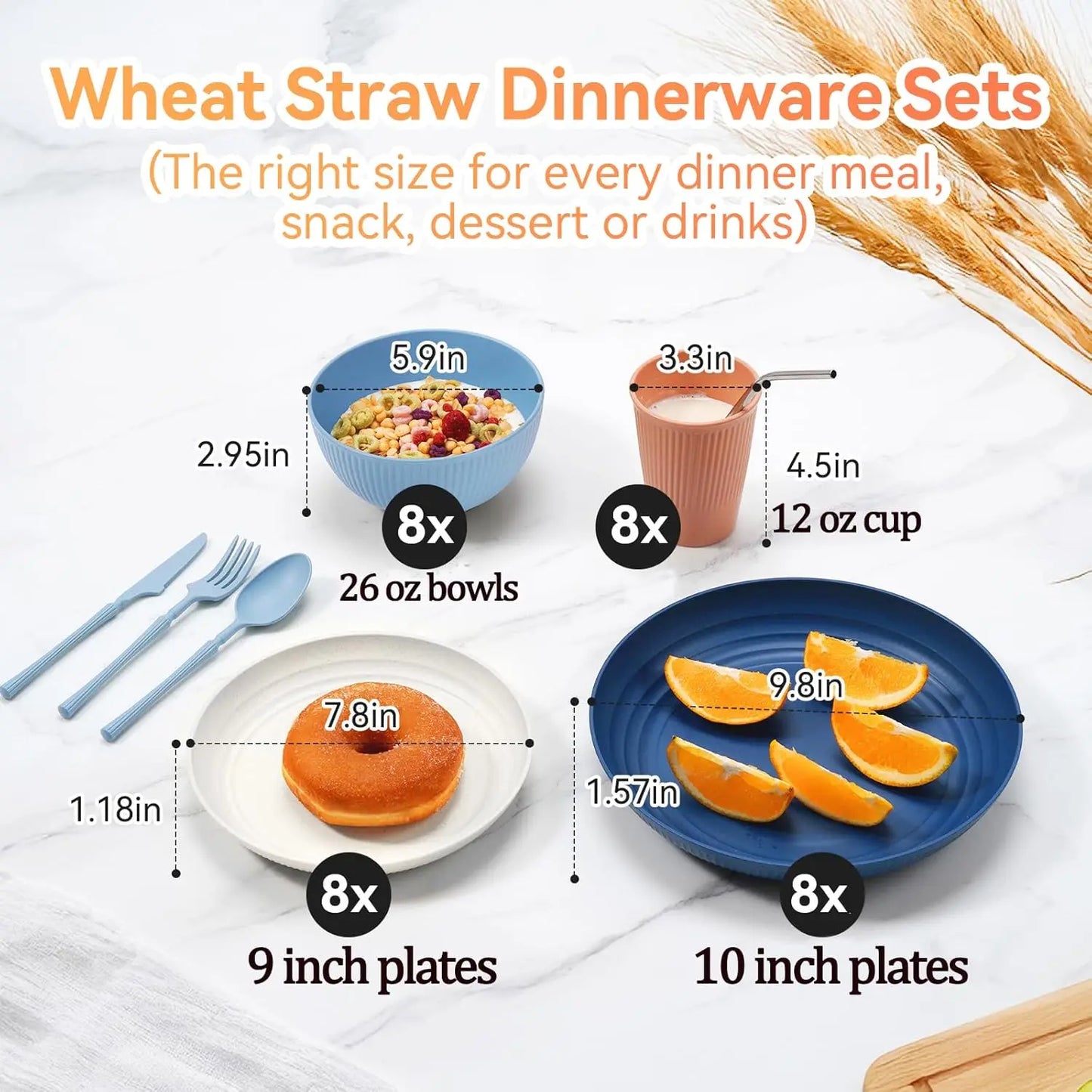 64-Piece Wheat Straw Dinnerware Set Unbreakable Plates Bowls Dishwasher Safe
