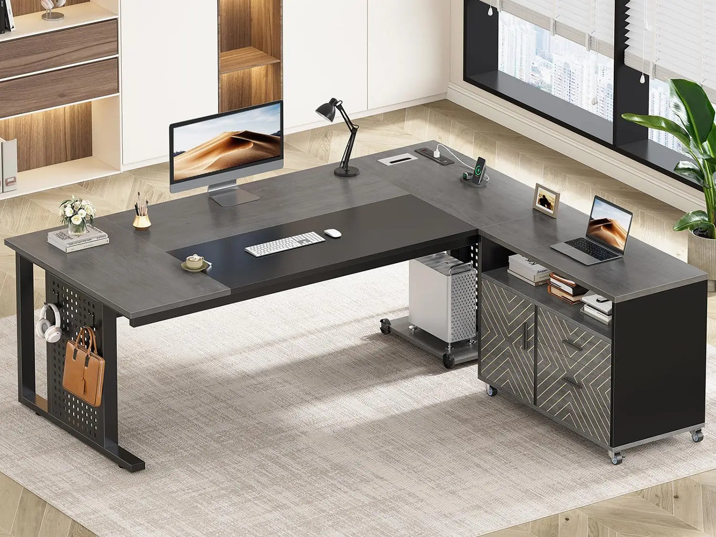 L Shaped Executive Desk With Power Outlets And Drawers