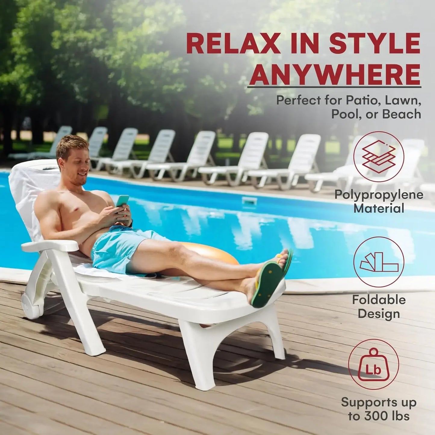 Outdoor Folding Lounge Chair Adjustable Lightweight Chaise Poolside