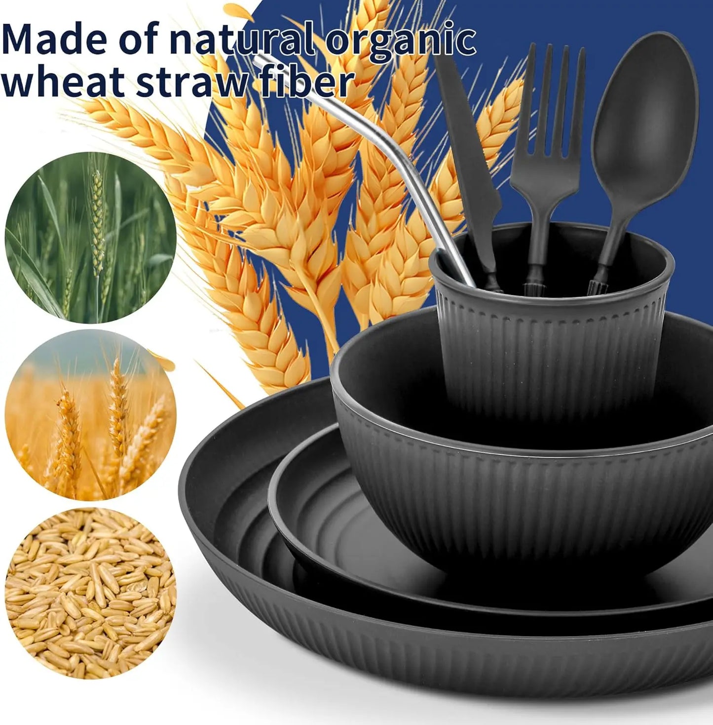 64-Piece Wheat Straw Dinnerware Set Unbreakable Plates Bowls Dishwasher Safe