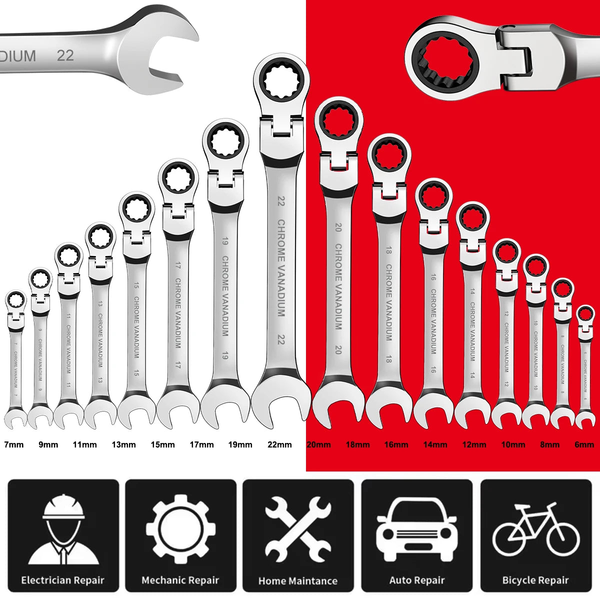 WOZOBUY Flex Head Ratchet Wrench Set CRV Steel 72 Teeth