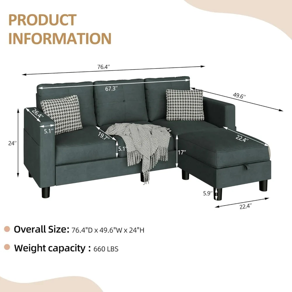 L Shaped Convertible Sectional Sofa With Reversible Storage Ottoman