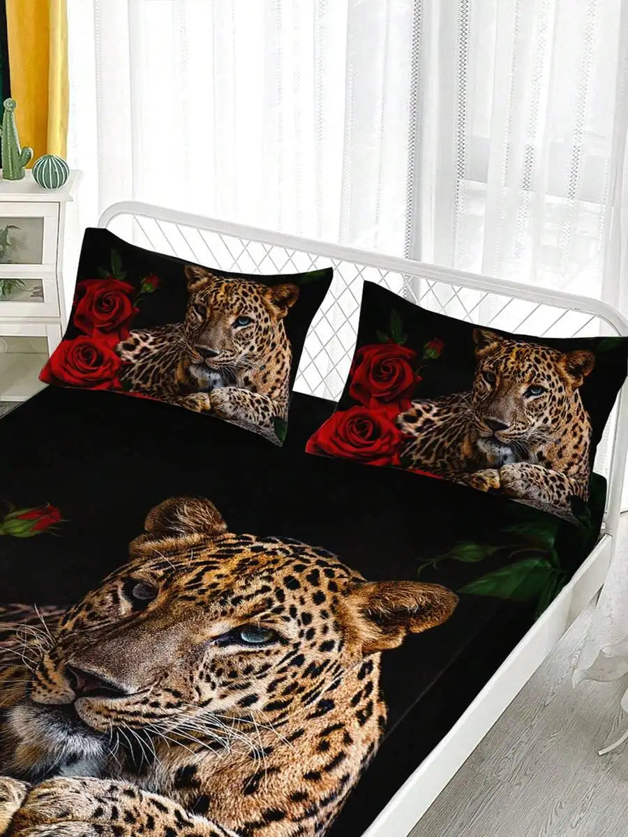 3pcs Red Rose Leopard Print Bedding Set 1 Flat Sheet 2 Pillowcases High Definition Home Dorm Use