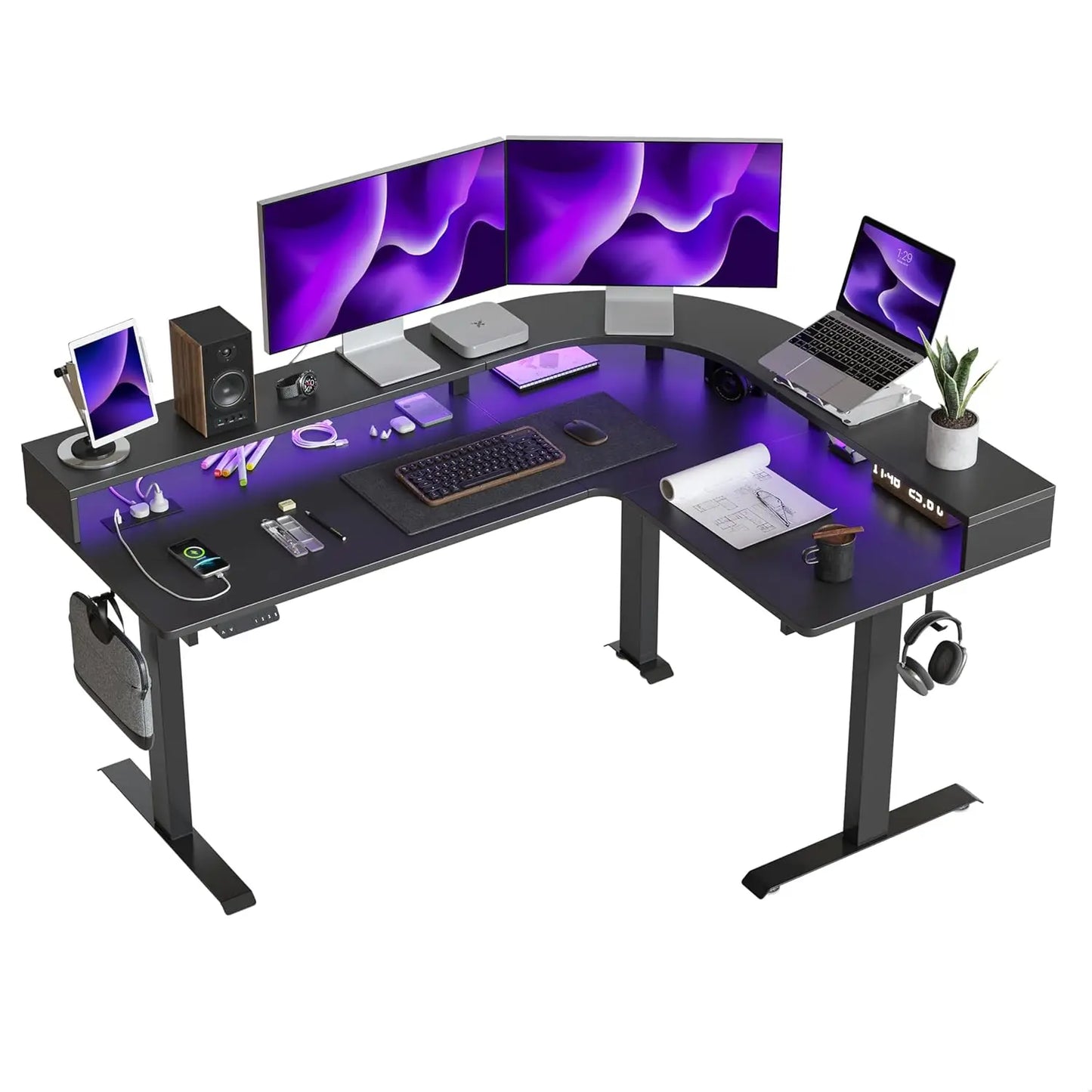 L Shaped Standing Desk With Arc LED and Triple Motors