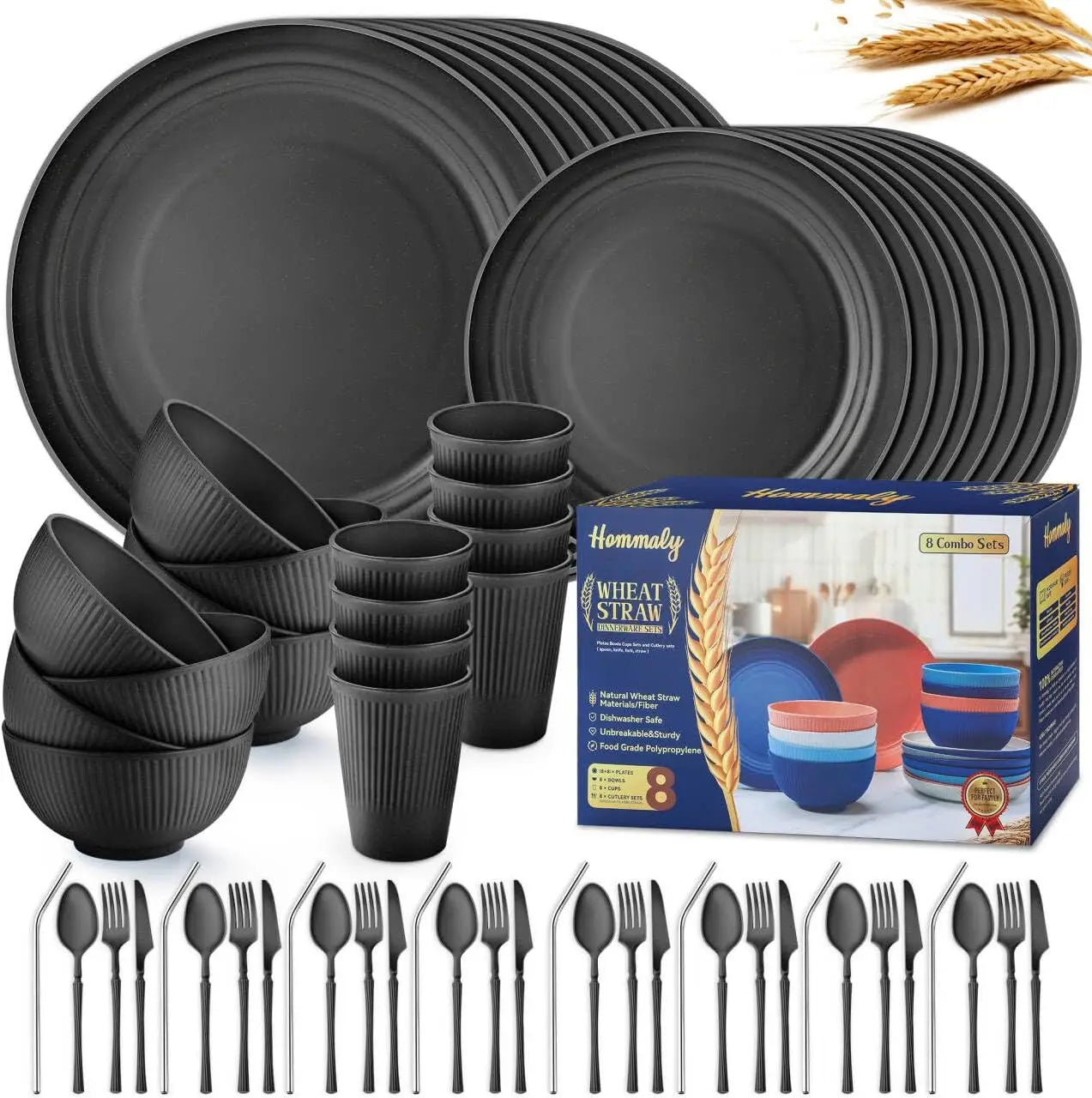 64-Piece Wheat Straw Dinnerware Set Unbreakable Plates Bowls Dishwasher Safe