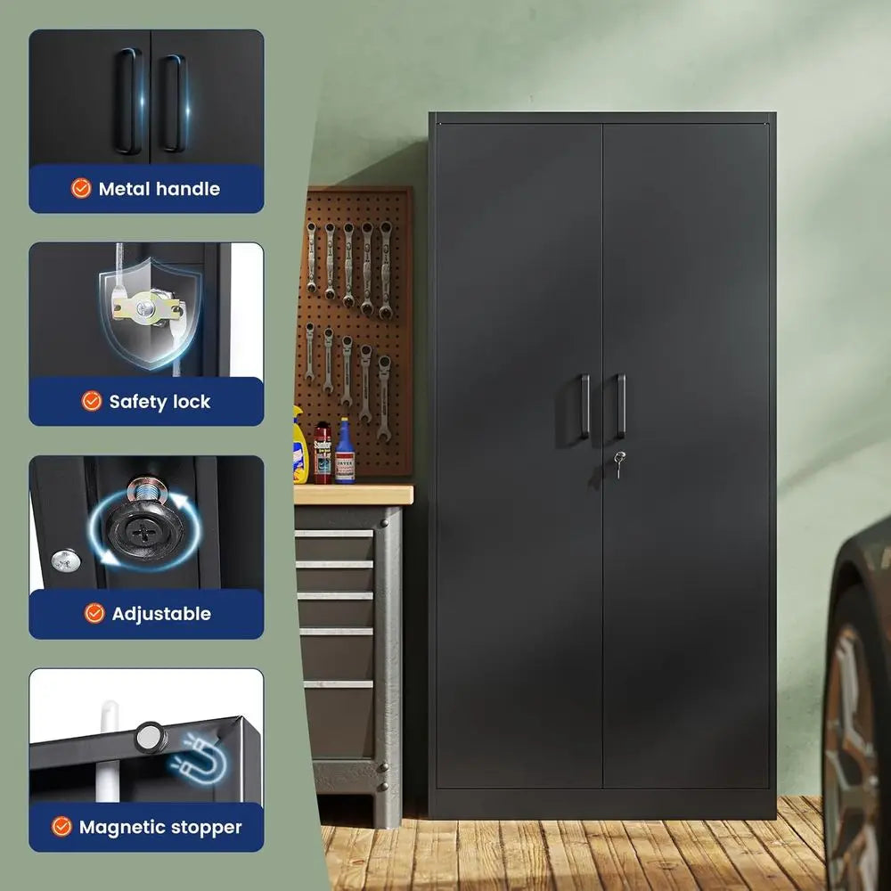 Steel Lockable Garage Storage Cabinet With 2 Doors And Shelves