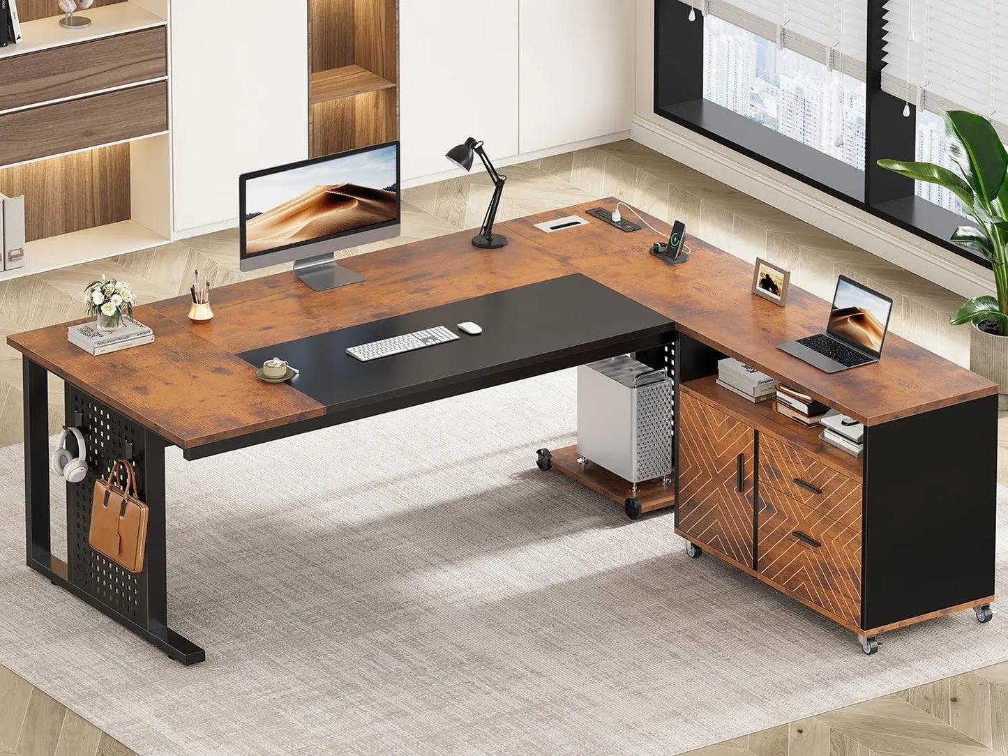 L Shaped Executive Desk With Power Outlets And Drawers