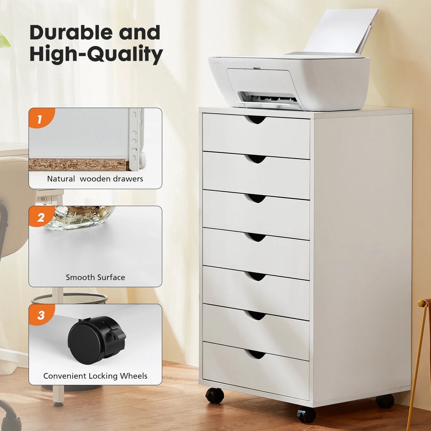 JHK 7 Drawer Chest Dresser With Wheels Living Room Organizer