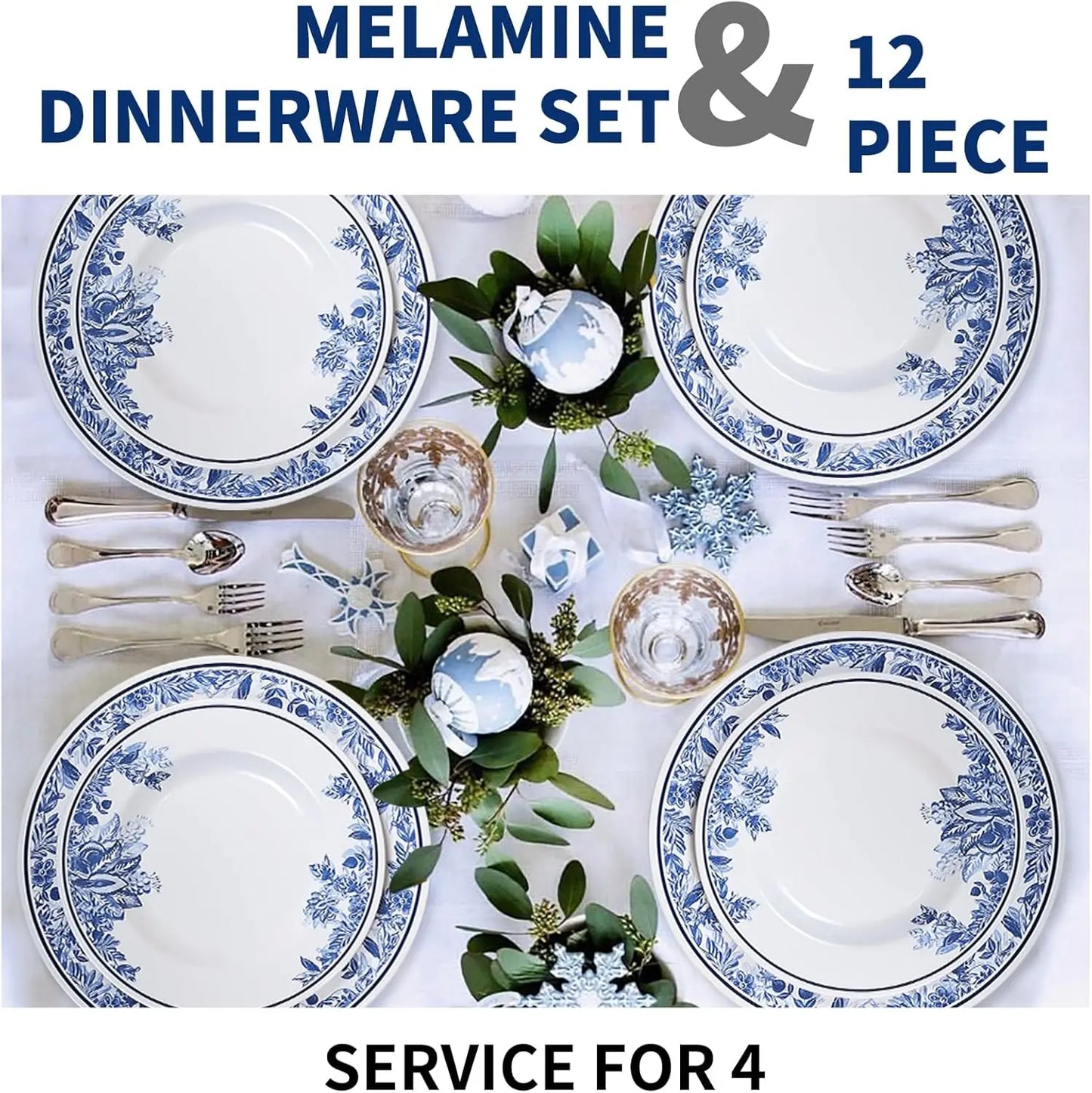 Floral Melamine Dinnerware Set for Four Dishwasher Safe Break-Resistant