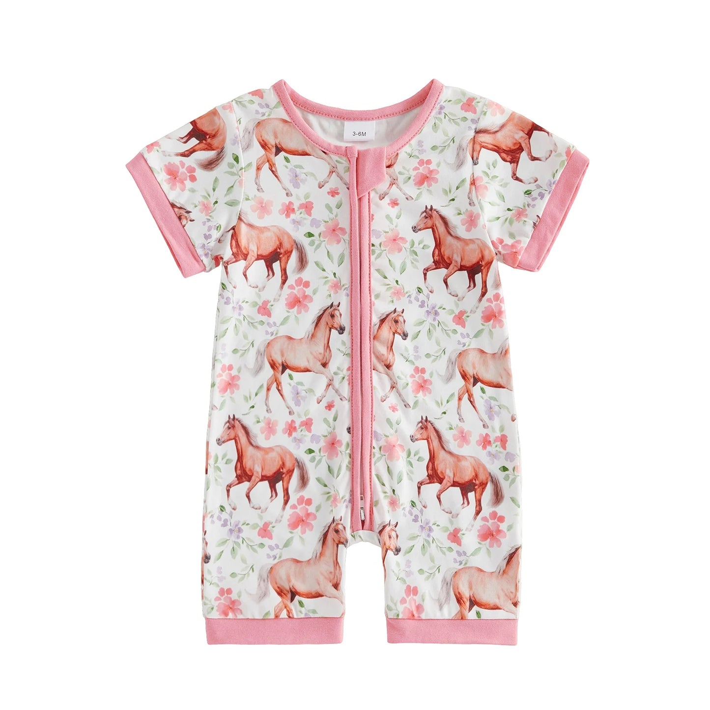 Baby Girl Romper Short Sleeve Crew Neck Western Boots Floral