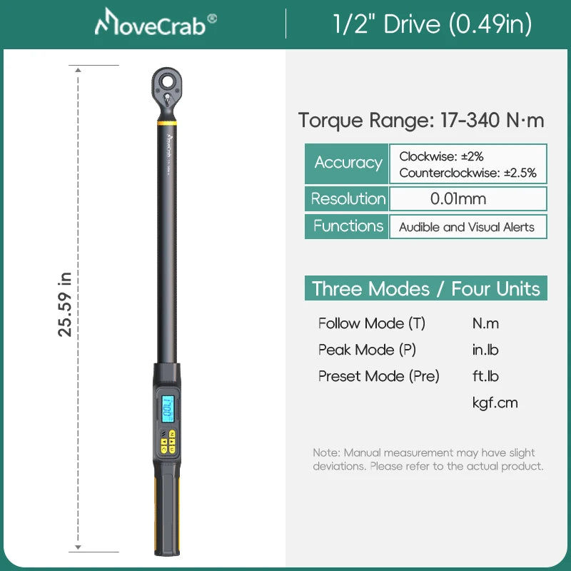 MoveCrab Digital Torque Wrench 1-340N.m 2 Percent Accuracy LED Alerts