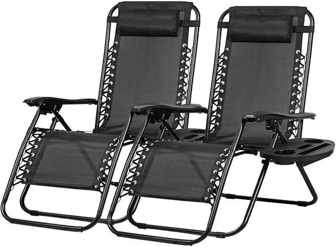 Set of 2 Adjustable Zero Gravity Patio Chairs with Pillow and Cup Holder