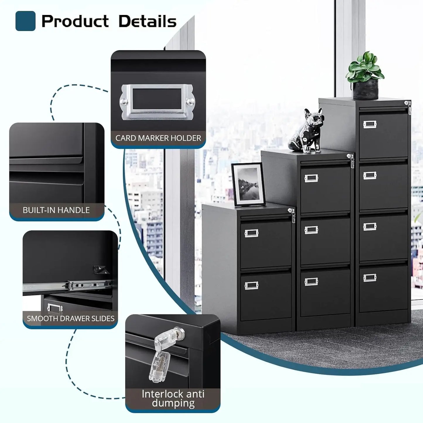MIIKO 4 Drawer Filing Cabinet With Lock Metal Office Furniture