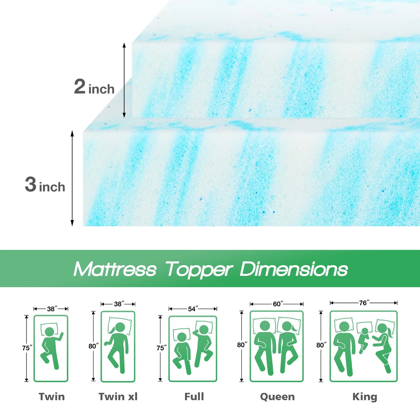 JHK Gel Memory Foam Mattress Topper Bed Comfort And Cooling