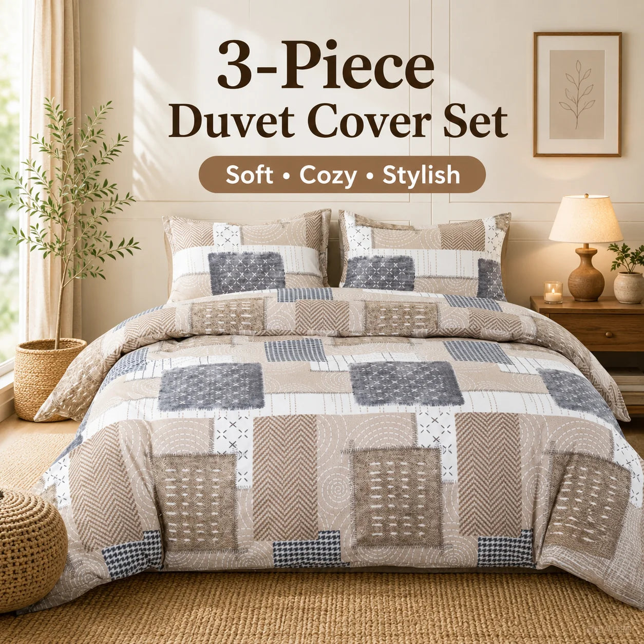 Boho Patchwork Duvet Cover Set, Beige Grey Geometric Bedding Set, Farmhouse Soft Bed Cover with Pillowcases, Twin Full Queen King Breathable and Ultra-Soft, Suitable for All Seasons, Includes 1 Duvet Cover and 1-2 Pillowcases