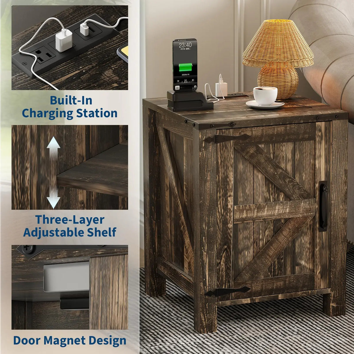 Rustic Farmhouse Nightstand With Charging Station Barn Door And Adjustable Storage Shelf Wooden Small Bedside Table 18 Inch Modern Two Tier Nightstand And End Table For Bedroom