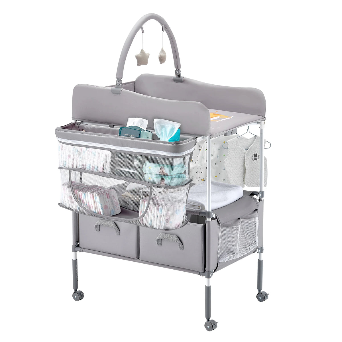 SucceBuy Baby Changing Table Foldable Diaper Change Station with 2 Fabric Drawers Side Basket & Hanging Rod Adjustable Height