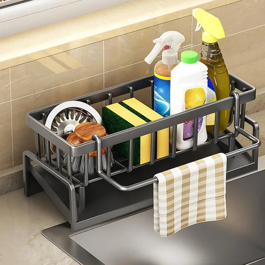 Kitchen Sink Organizer Stainless Steel With Tilted Water Tray For Sponge Brush