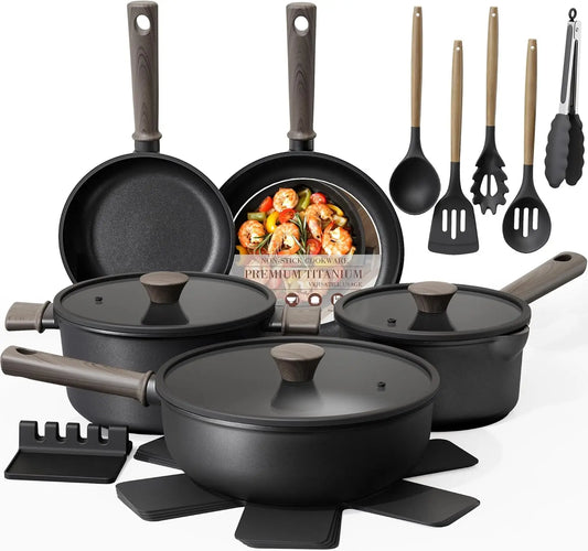 Non-Stick Titanium Cookware Set PFAS-Free Induction Compatible 19-Piece