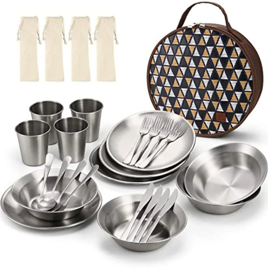 Stainless Steel Camping Mess Kit With Plates Bowls Forks Spoons Knives