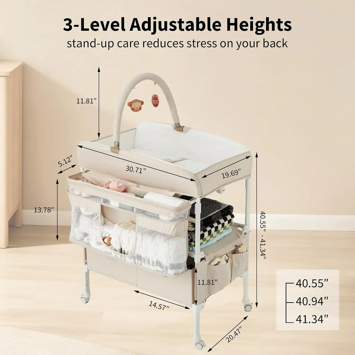 Portable Baby Changing Table with Wheels for Nursery Foldable Diaper Table with Adjustable Height Drying Rack Large Storage Organizer and 2 Drawers for Easy Travel. ﻿
